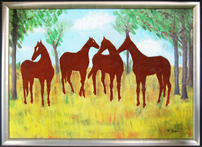 Pferde auf der Weide, rostige Eisenspäne geben die braune Farbe