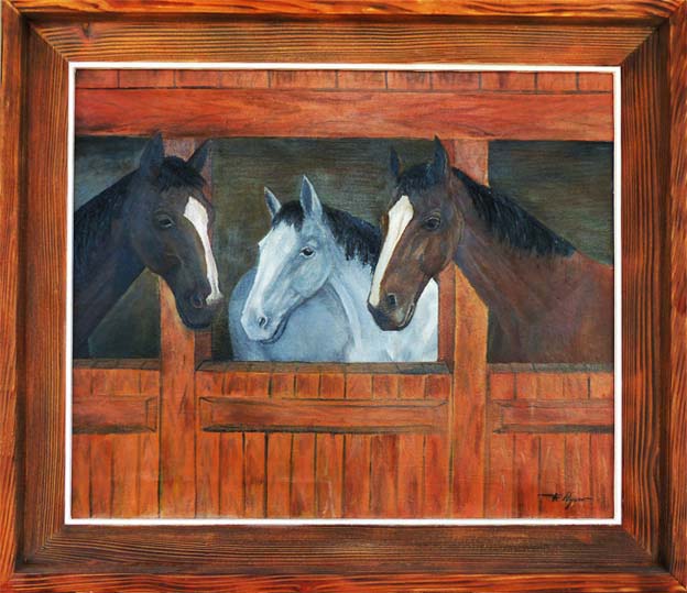 Pferde im Stall, Oelbild